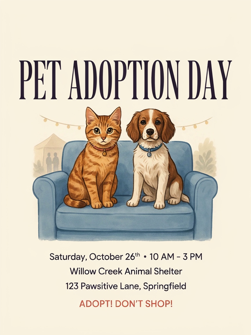 After Humanize: clean English poster with an illustrated dog and cat on a blue armchair