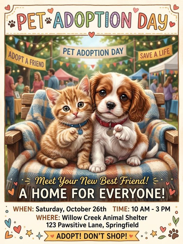 Before Humanize: busy English Pet Adoption Day poster with a puppy, kitten and many decorations