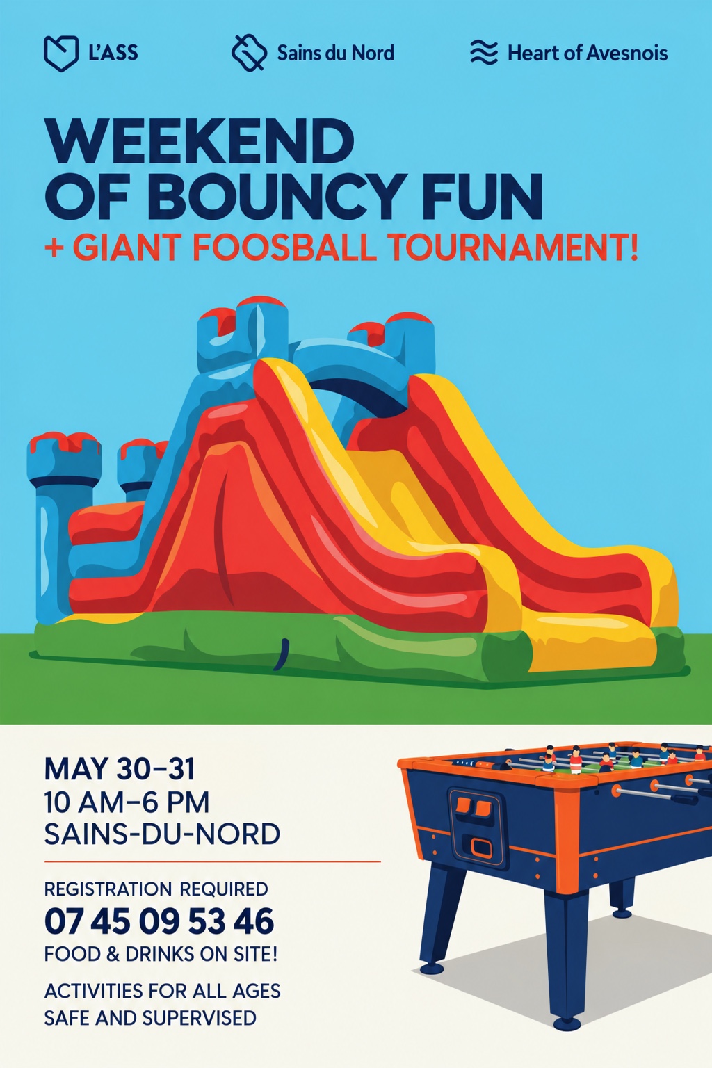 After Humanize: clean English poster with illustrated inflatables and grouped event details