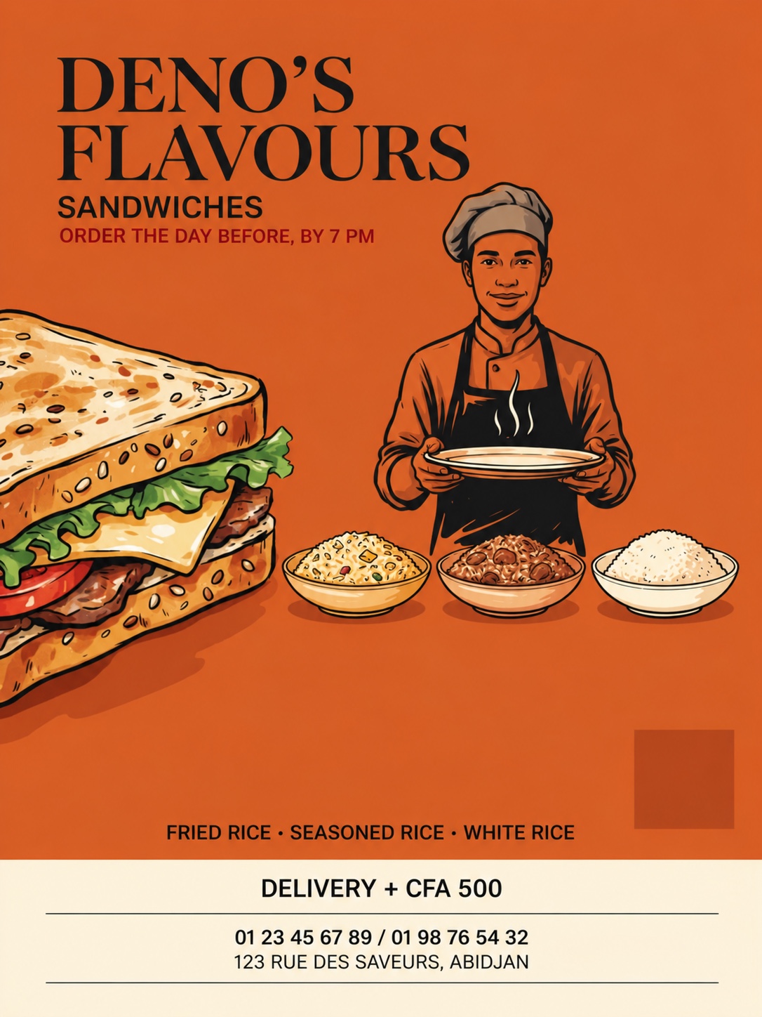 After Humanize: clean English illustrated food poster with a chef and a restrained editorial layout