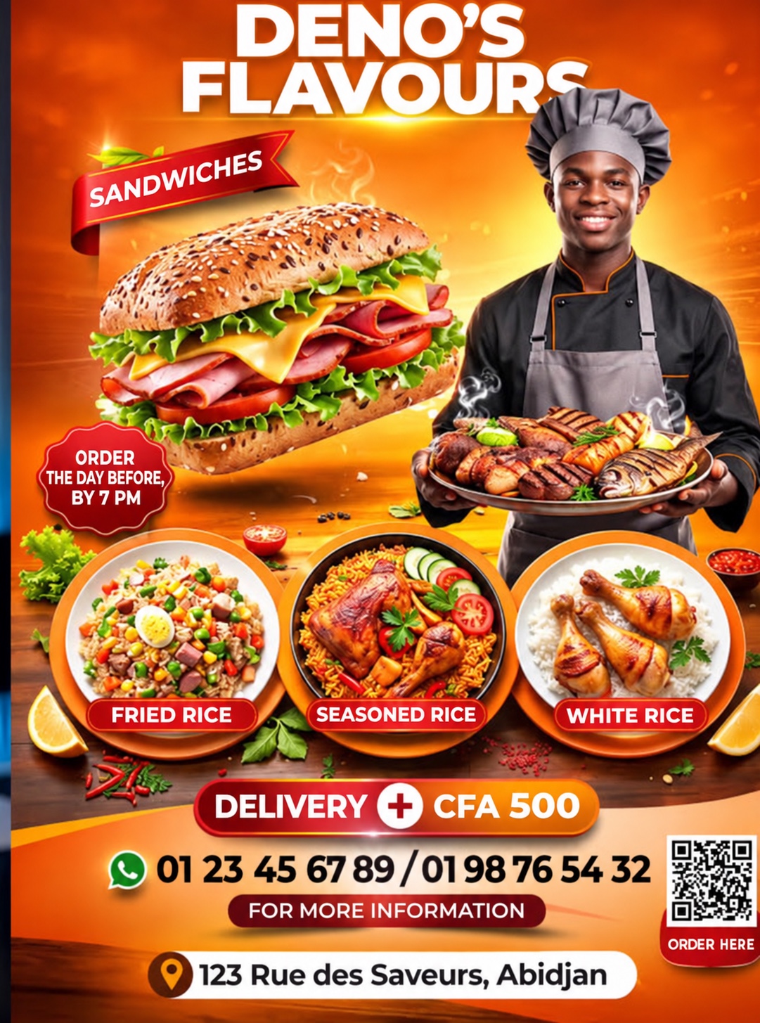 Before Humanize: highly saturated English sandwich delivery poster with many promotional badges