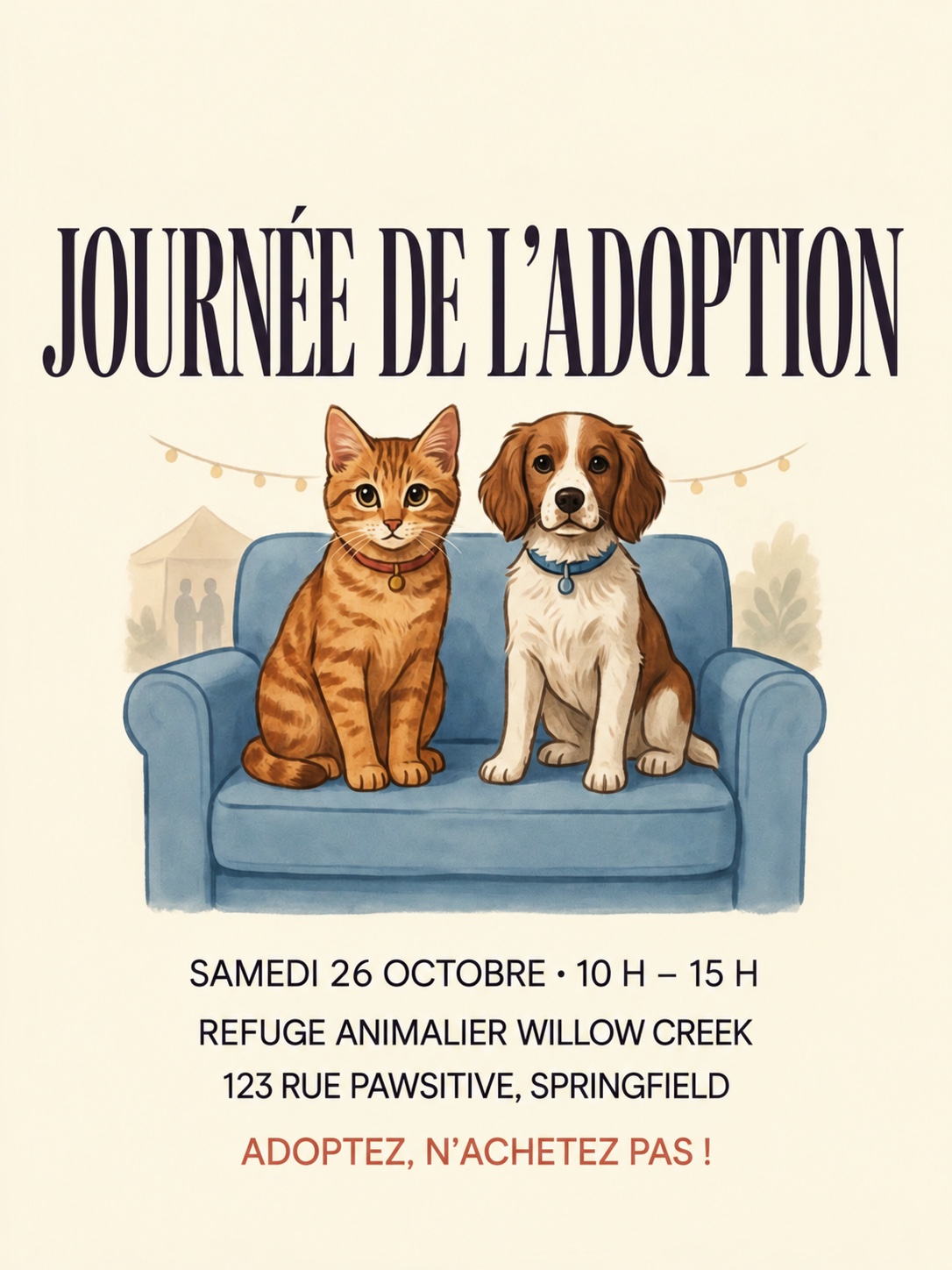 Après Humanize : affiche française épurée avec un chien et un chat illustrés sur un fauteuil