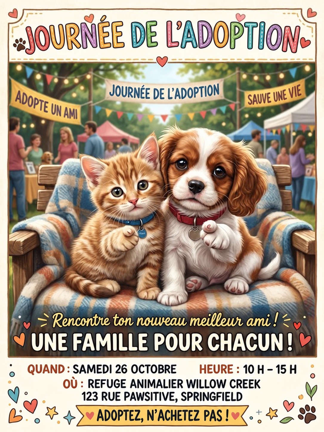 Avant Humanize : affiche française très décorée pour une journée de l’adoption avec un chiot et un chaton