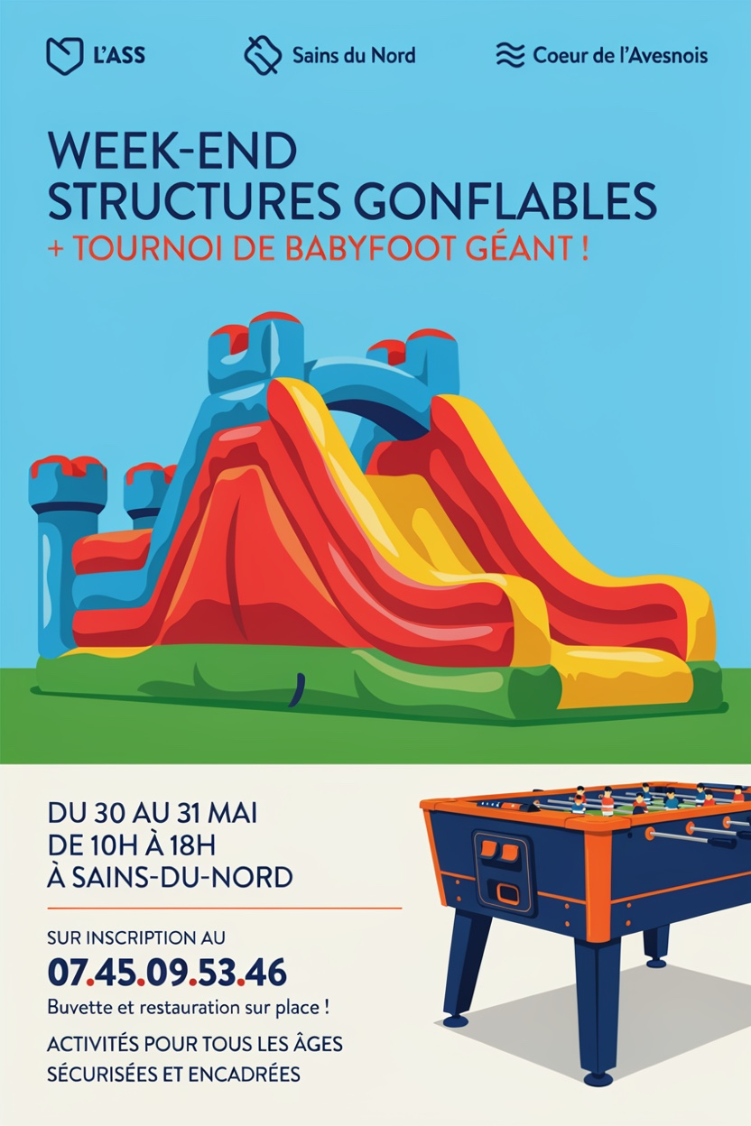 Après Humanize : affiche française épurée avec structures gonflables illustrées et informations regroupées