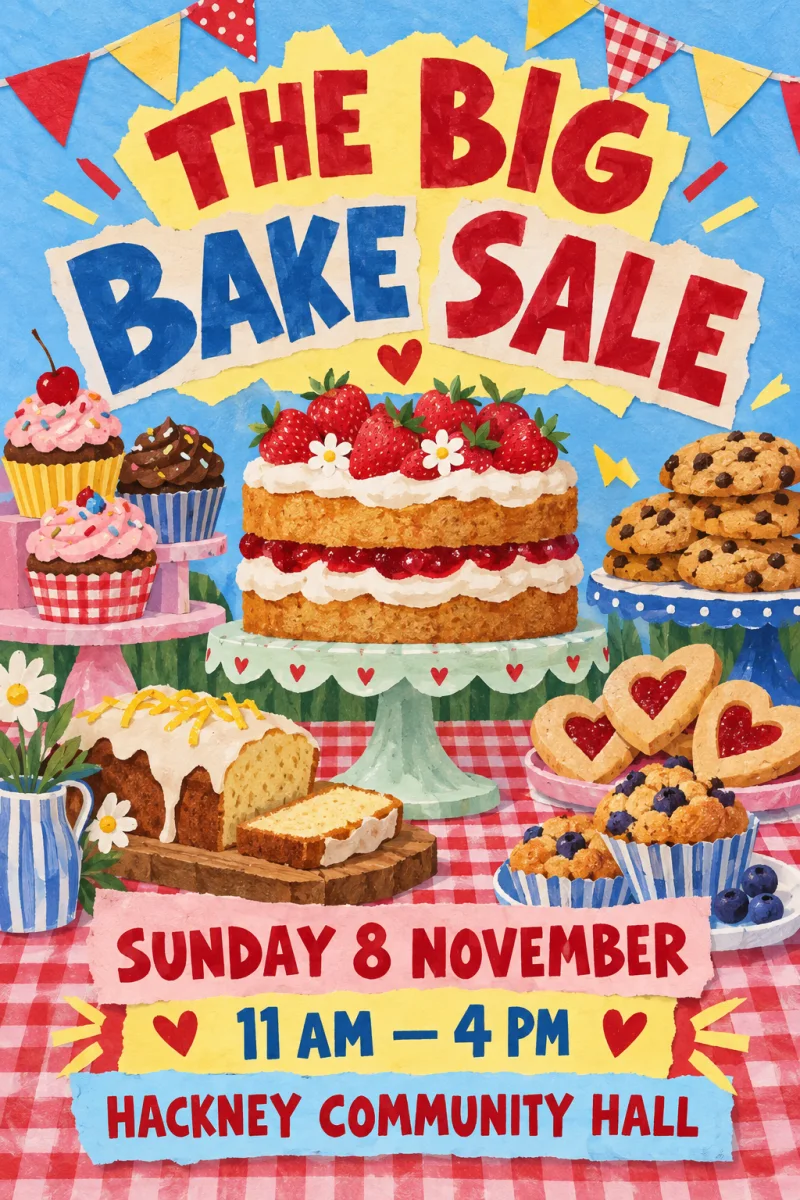 English community bake sale poster in a playful paper collage style