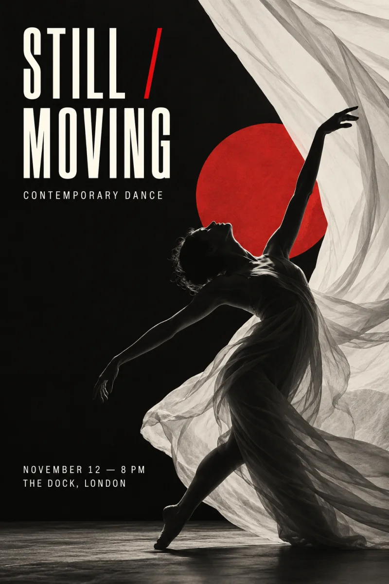 English contemporary dance poster with a brutalist editorial style