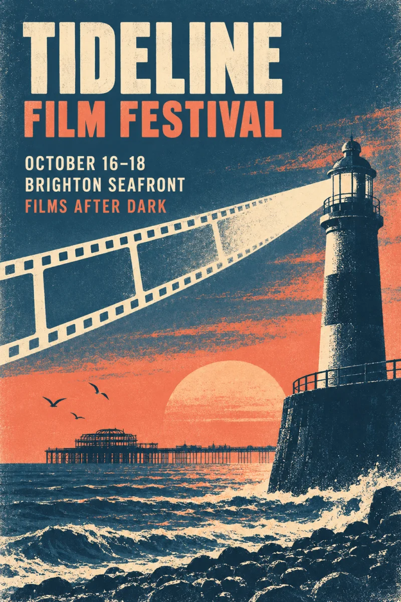 English coastal film festival poster in a retro screenprint style
