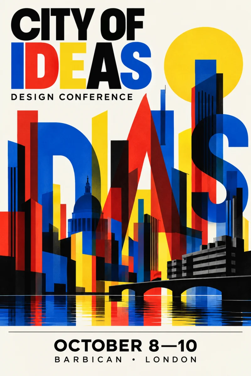 English City of Ideas conference poster in a contemporary editorial style