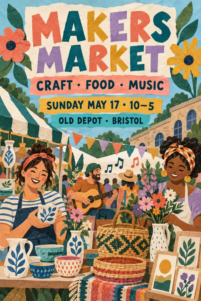 English Makers Market poster in a hand-cut paper collage style