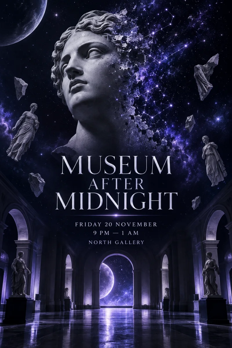 English late-night museum poster in a surreal photographic style
