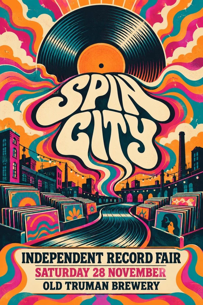 English independent record fair poster in a psychedelic screenprint style