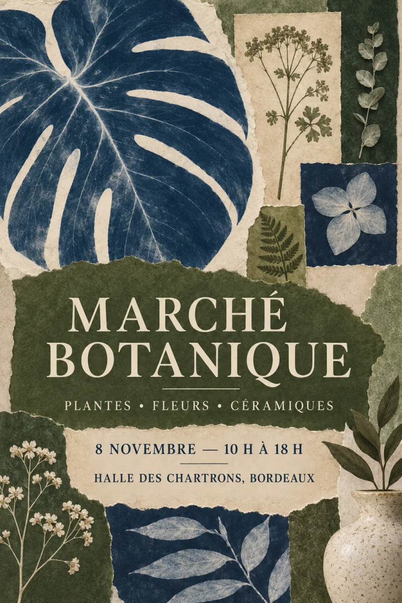 Affiche française Marché botanique en collage artisanal
