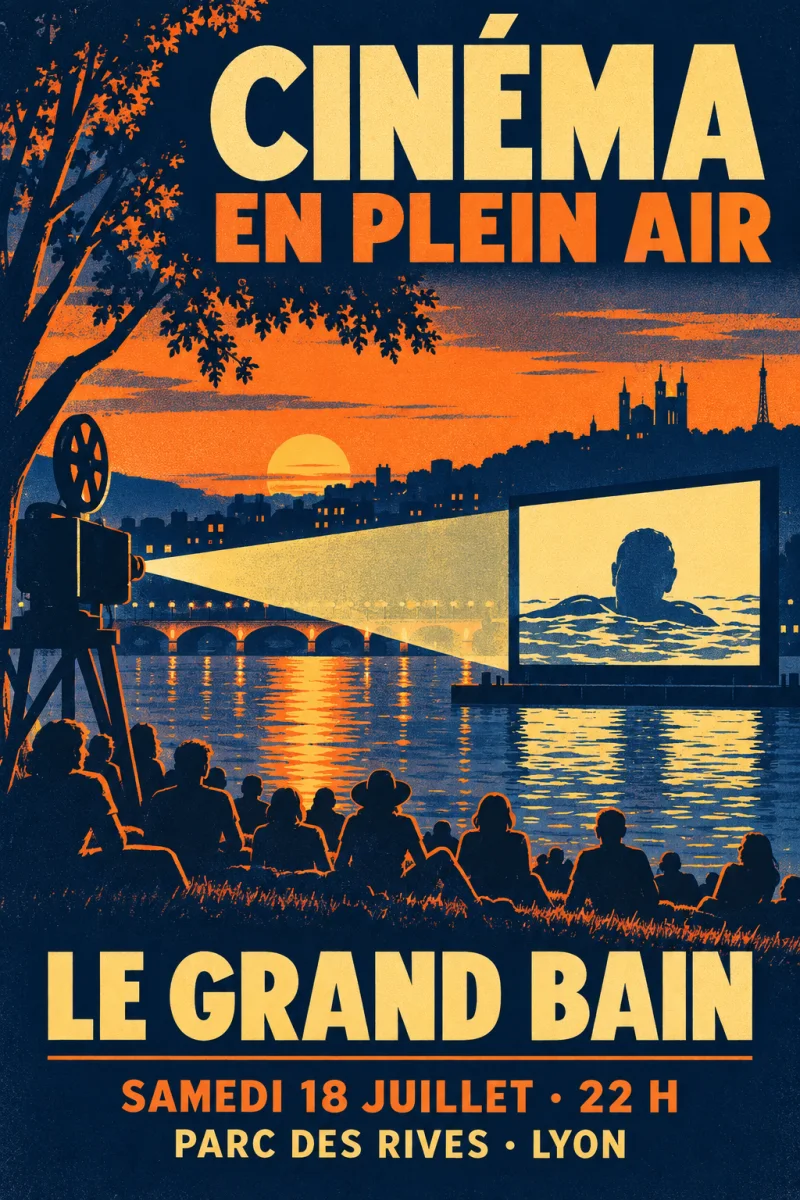 Affiche française Cinéma en plein air au style sérigraphie rétro