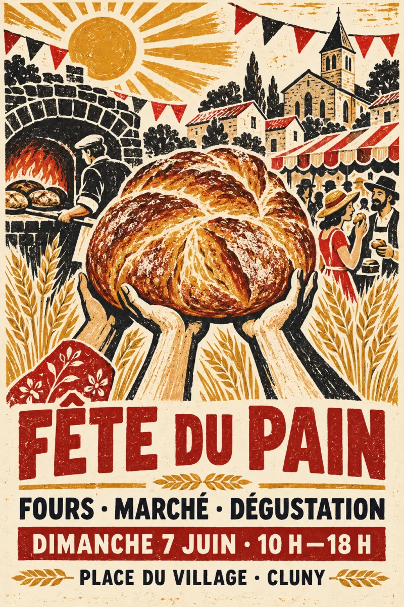 Affiche française Fête du pain illustrée en linogravure